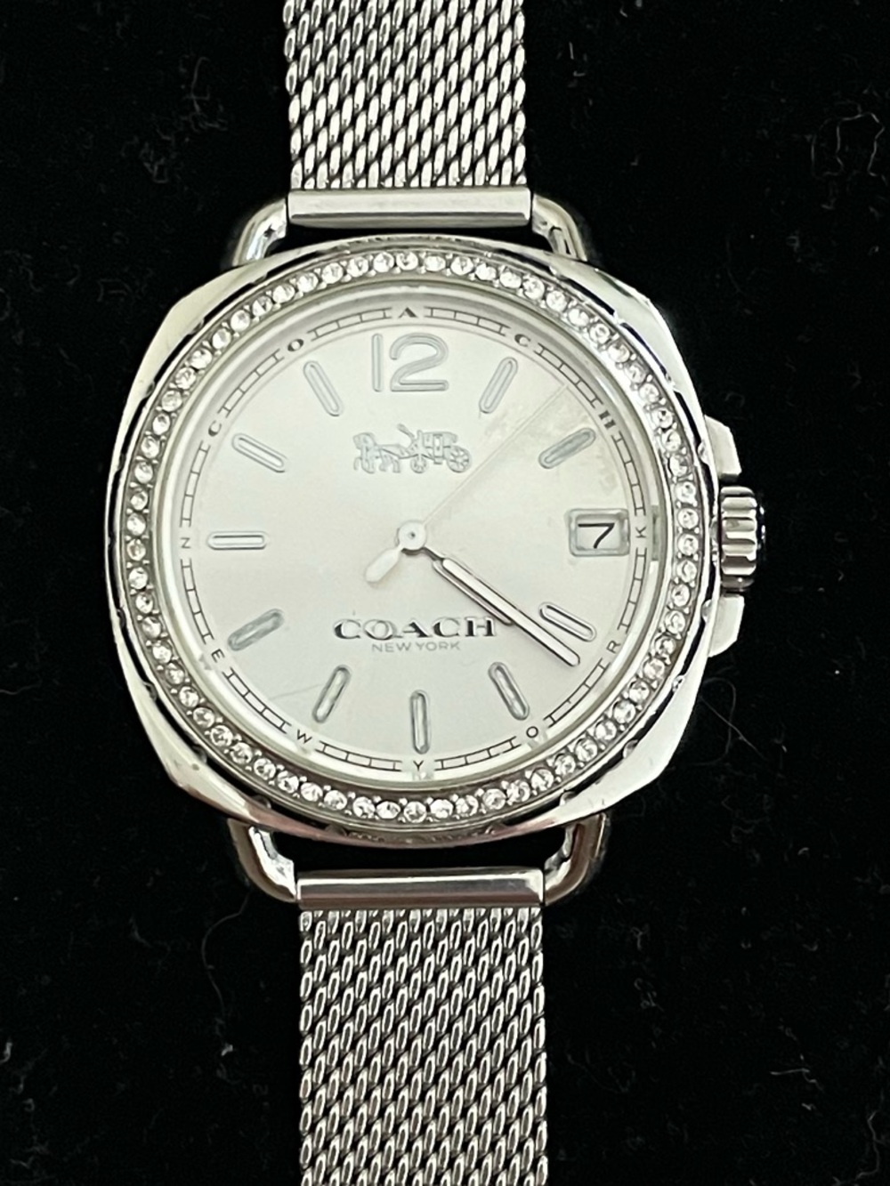 Coach Silver Tone  Swarovski Crystal Watch with silver mesh strap. - Picture 3 of 7